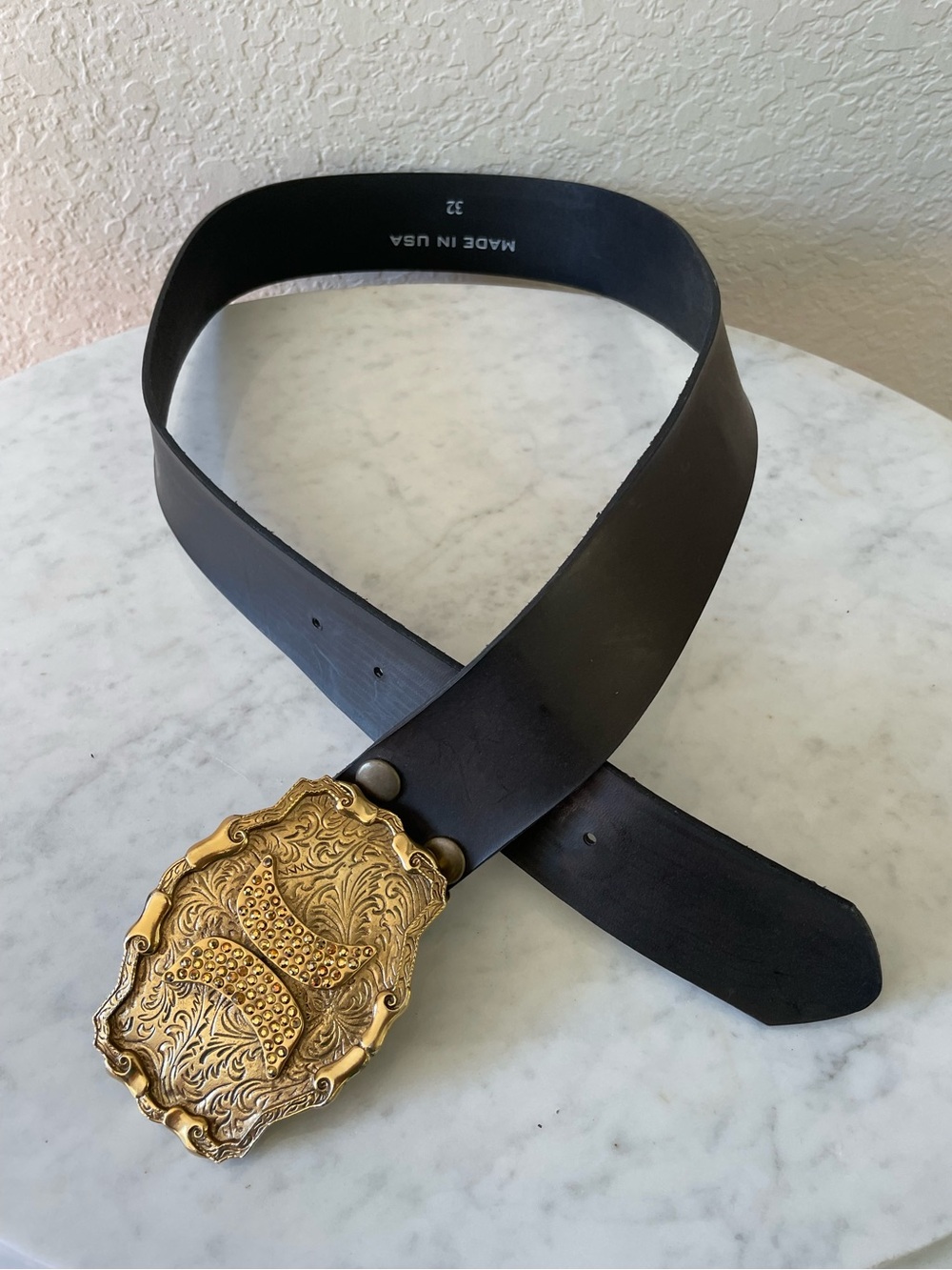 Ornate Gold Rhinestone Buckle Thick Black Belt Size 32 - Picture 7 of 7